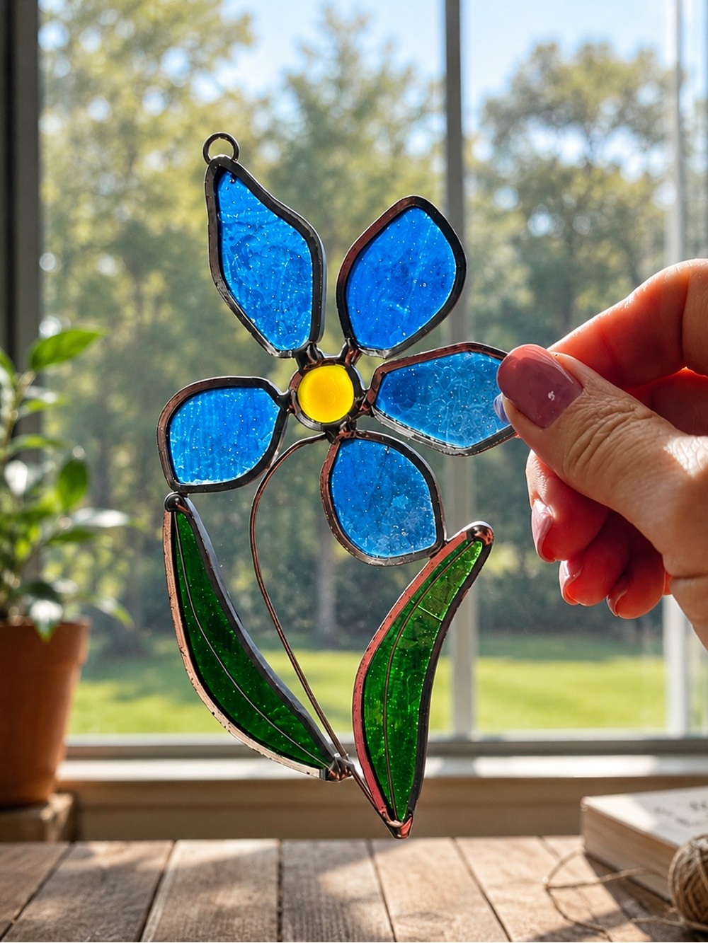 Handmade Stained Glass Blue Flower Suncatcher Window Hanging Cottagecore Decor
